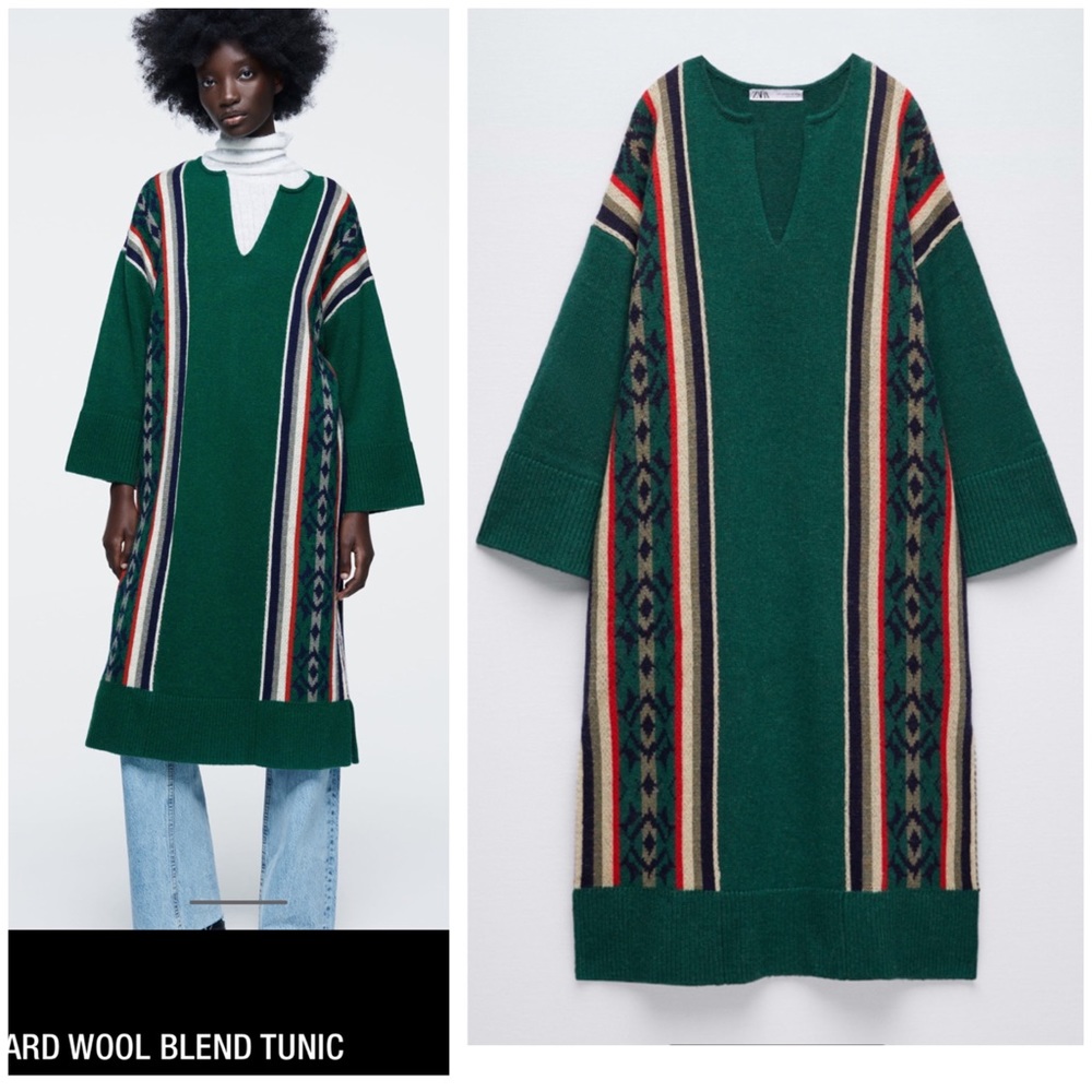 Wool blend green jacquard long tunic sweater - Picture 2 of 15